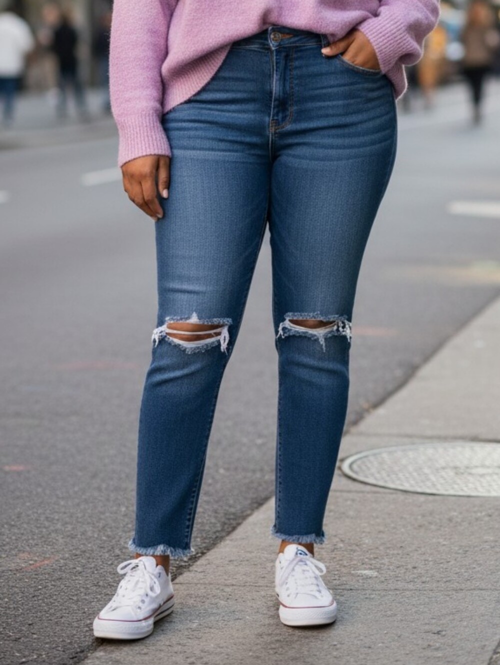 KanCan Women’s Distressed High-Rise Blue Denim Jeans with Frayed Hem
